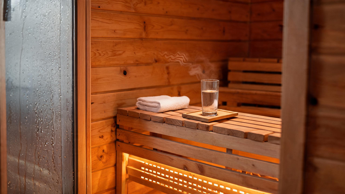 A warm cedar sauna interior viewed through the partially open glass door, a wooden bench with a neatly folded towel and a…