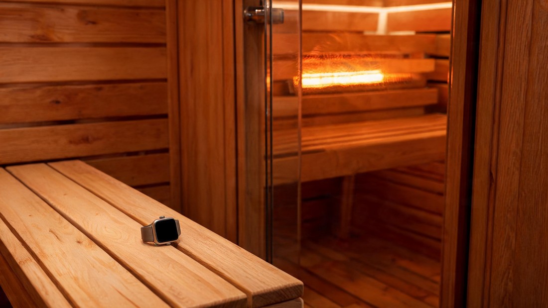 Interior view of a cedar sauna bench from a low angle, warm amber radiant glow from a near-infrared heater element, an Apple…