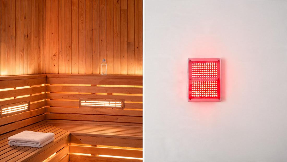 A split-composition editorial shot — left half shows a warm cedar infrared sauna interior with glowing near-infrared carbon…