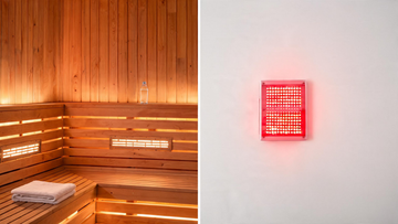 A split-composition editorial shot — left half shows a warm cedar infrared sauna interior with glowing near-infrared carbon…