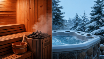 A split-composition editorial showing a cedar sauna interior on the left (warm amber glow, Grade-A Canadian cedar benches, a…