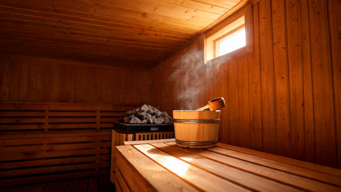 A Canadian-cedar sauna interior at golden hour, warm amber light streaming through a small window onto smooth bench planks,…