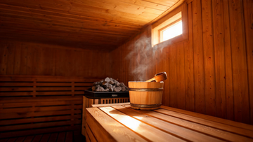 A Canadian-cedar sauna interior at golden hour, warm amber light streaming through a small window onto smooth bench planks,…
