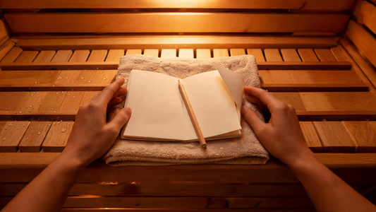 A person's hands holding a small waterproof notebook with a pencil on the lower bench of a warm Canadian hemlock infrared…