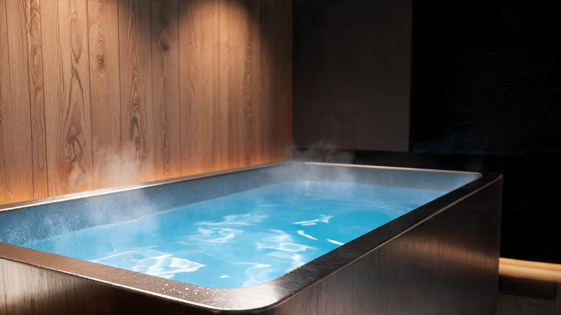 Premium cold plunge in a calm Canadian home spa at dawn, brushed-stainless tub with Glacier-blue water and cold vapour beside a warm cedar wall