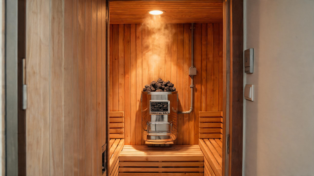 A warm cedar sauna interior viewed from the doorway, a wall-mounted electric sauna heater with stacked rocks front and…