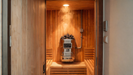A warm cedar sauna interior viewed from the doorway, a wall-mounted electric sauna heater with stacked rocks front and…