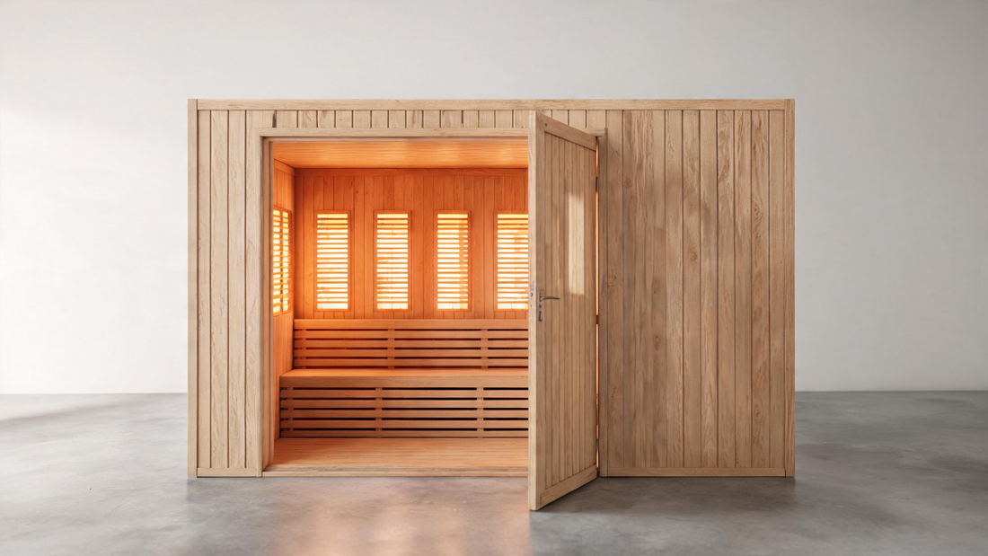 A premium indoor infrared sauna cabin in Canadian hemlock, door open to reveal warm amber heater glow and slatted bench…