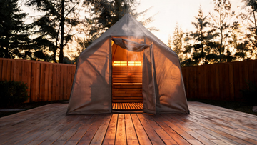 A freestanding canvas portable sauna tent pitched on a Canadian backyard deck at golden hour, the tent door half-open…