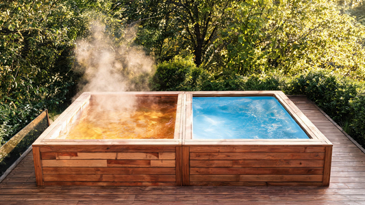A side-by-side cedar hot tub and stainless cold plunge on a Canadian backyard deck at golden hour, warm amber glow from the…
