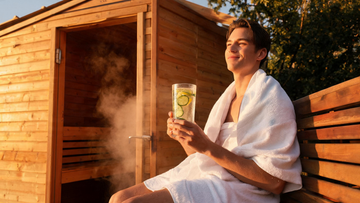 A clean cedar sauna interior with the door open, warm amber glow spilling onto a small wooden tray set outside holding a…