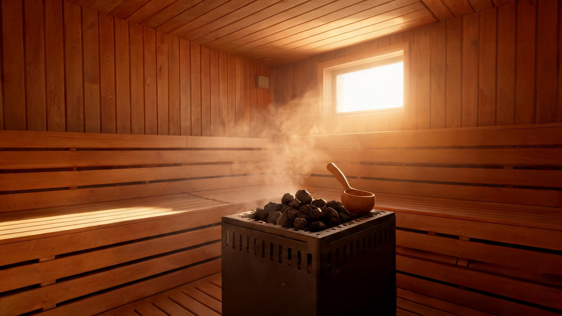 Interior of a traditional Canadian cedar sauna at golden hour, warm amber light spilling through a small window onto Grade-A…
