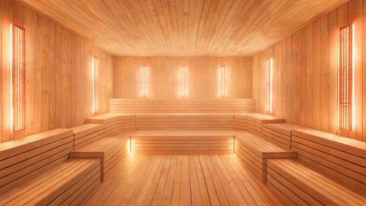 A premium Grade-A Canadian Hemlock infrared sauna interior viewed from the open door, carbon far-infrared heating panels…