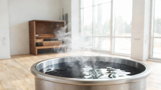 Brushed 316 stainless cold plunge in a bright Canadian interior with cold steam off the water and a cedar sauna nearby