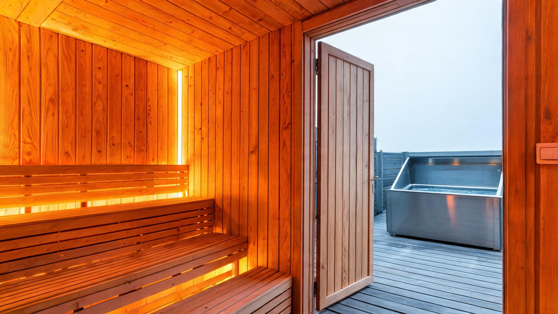 A cedar-panelled infrared sauna interior with a half-open door revealing a stainless cold plunge tub on an outdoor deck…