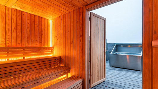 A cedar-panelled infrared sauna interior with a half-open door revealing a stainless cold plunge tub on an outdoor deck…