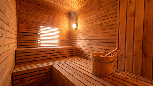 Interior of a warm Canadian-cedar infrared sauna, golden afternoon light filtering through the slats, two cedar benches at…