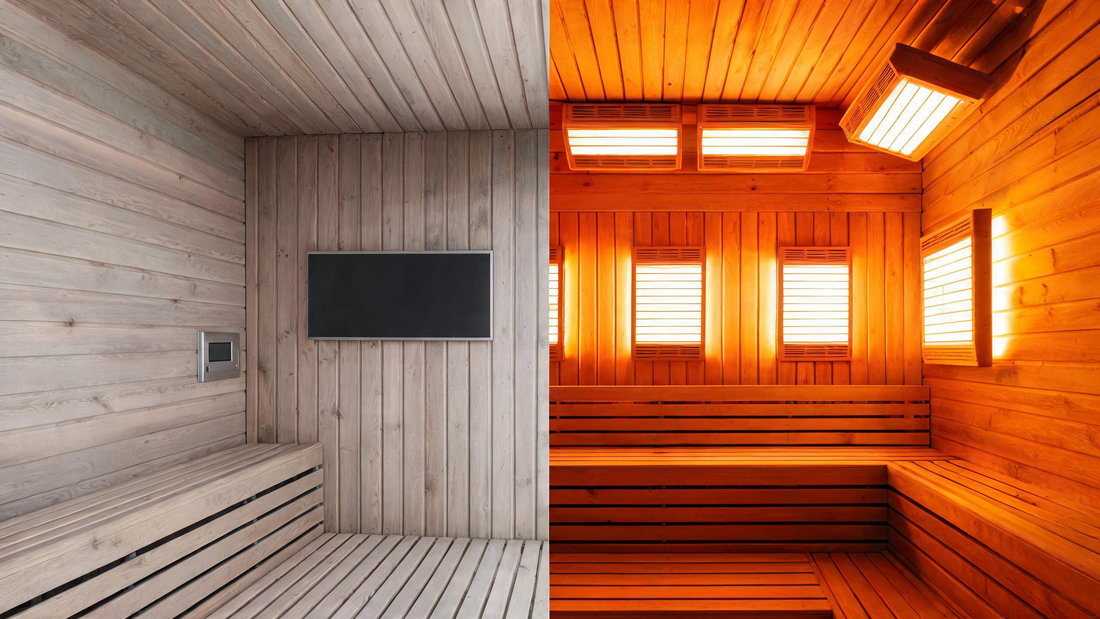 A side-by-side editorial comparison of two infrared sauna interiors — left side shows a basic hemlock cabin with a single…
