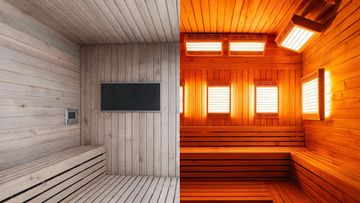 A side-by-side editorial comparison of two infrared sauna interiors — left side shows a basic hemlock cabin with a single…