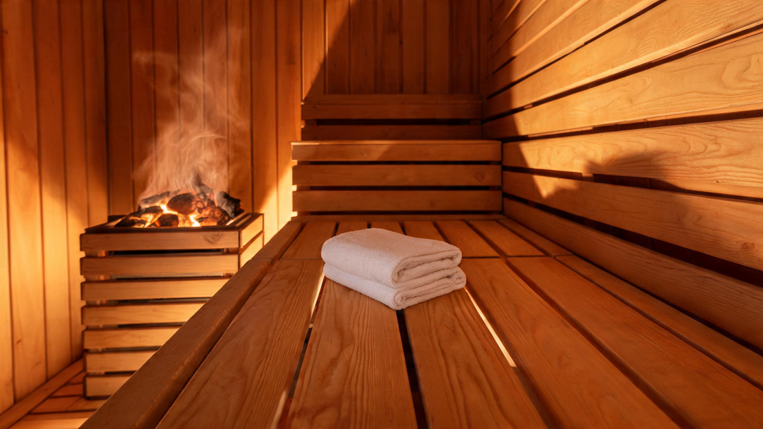 The interior of a warm cedar sauna cabin viewed from bench level, a neatly folded white cotton towel resting on the lower…
