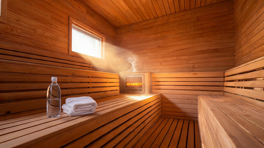 A Canadian-cedar indoor infrared sauna interior photographed at soft early-morning light, low golden sun angling through a…