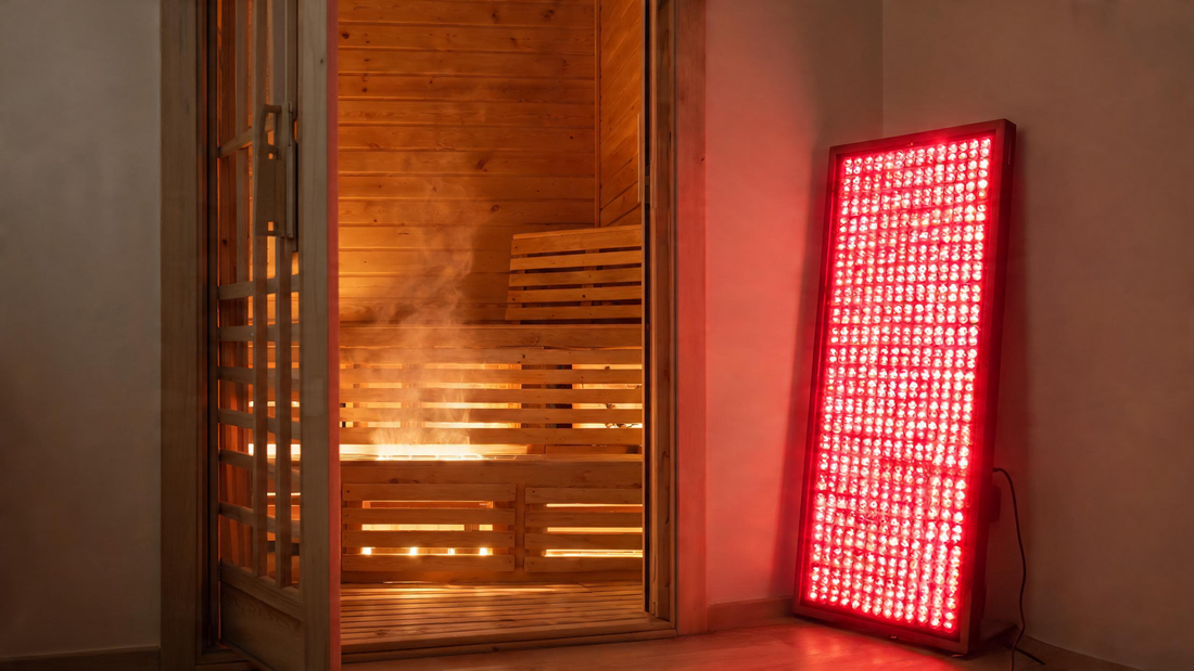 A modern indoor infrared sauna cabin with warm cedar interior glow, a slim red light therapy panel mounted upright beside…