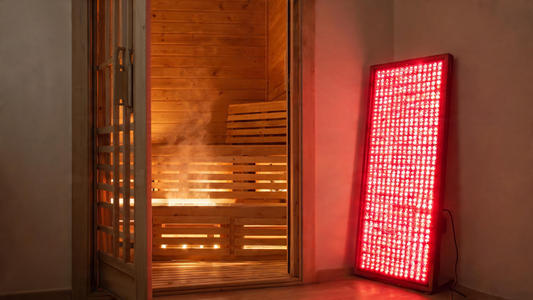 A modern indoor infrared sauna cabin with warm cedar interior glow, a slim red light therapy panel mounted upright beside…