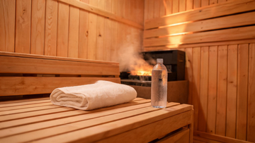 A calm cedar infrared sauna interior with warm amber backlighting, a glass water bottle and a folded towel resting on the…