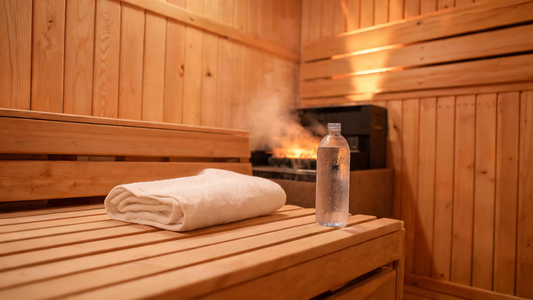 A calm cedar infrared sauna interior with warm amber backlighting, a glass water bottle and a folded towel resting on the…