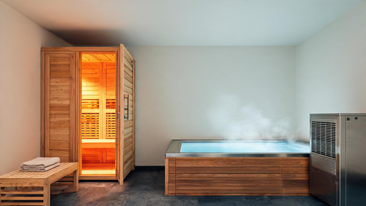 A finished home wellness room shot at a low three-quarter angle showing a Grade-A cedar infrared sauna on the left and a…