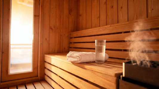 A calm cedar-lined home sauna interior, soft warm light through the door glass, a folded towel and a full glass of water on…