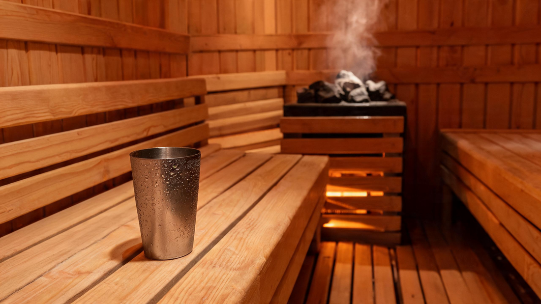 A dim, empty cedar sauna interior shot from bench height, a single glass of water with condensation resting on the cedar…