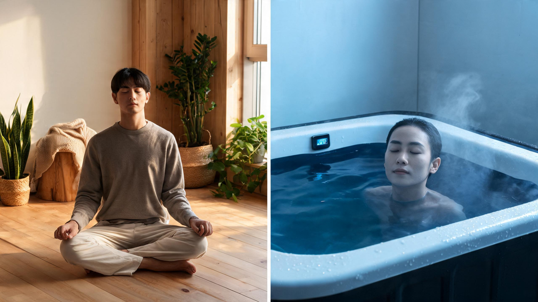 Split-frame of focused seated breathwork in warm cedar light beside a person entering a cold plunge, Wim Hof versus Huberman