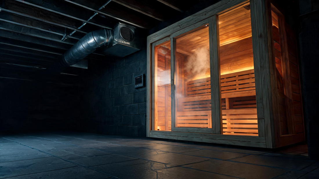 A below-grade basement sauna room viewed at a low three-quarter angle, warm cedar interior glowing through a glass door, a…