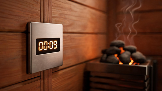 A wall-mounted sauna control panel with a glowing digital timer counting up, warm cedar interior softly blurred behind it, a…