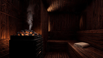 9 — 1200x675): dim cedar traditional sauna interior, glowing rocks on a heater, steam rising, single towel on the bench —…