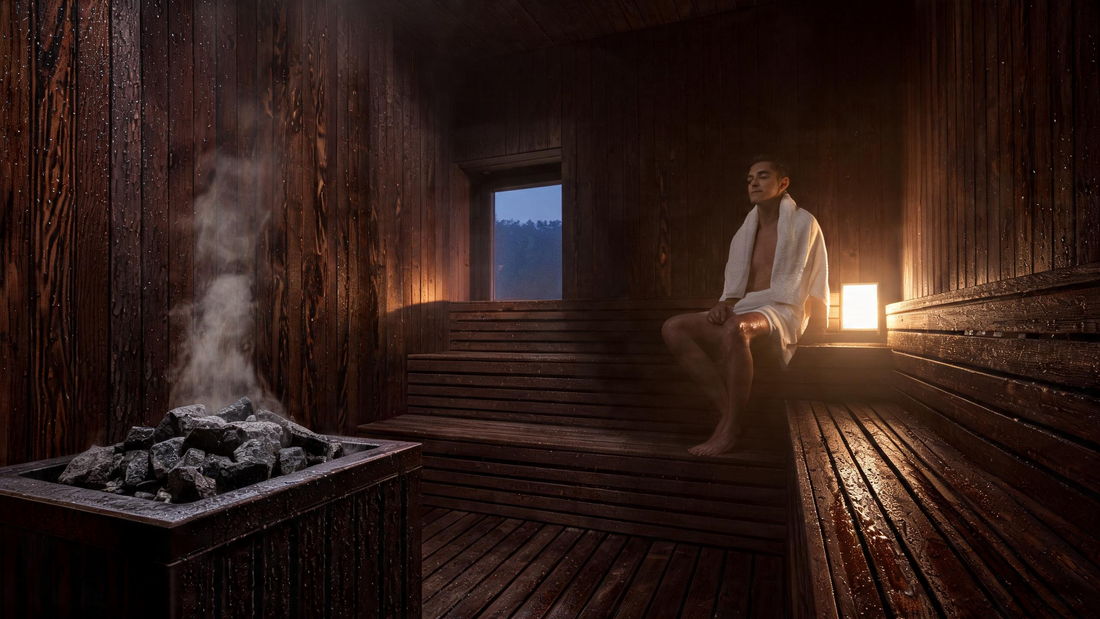 9) — Warm-lit Canadian black-cedar sauna interior, steam rising off the rocks, one person seated calmly mid-session. This is…