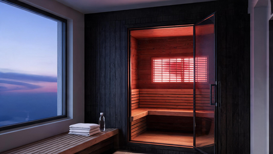 [IMAGE 1 — HERO 16:9: warm cedar infrared cabin in a Canadian home wellness room, red/near-infrared LED panel glowing on the…