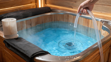 A hand lifting a drain hose from a cedar-and-stainless cold plunge as Glacier-blue water empties, faint cold mist above