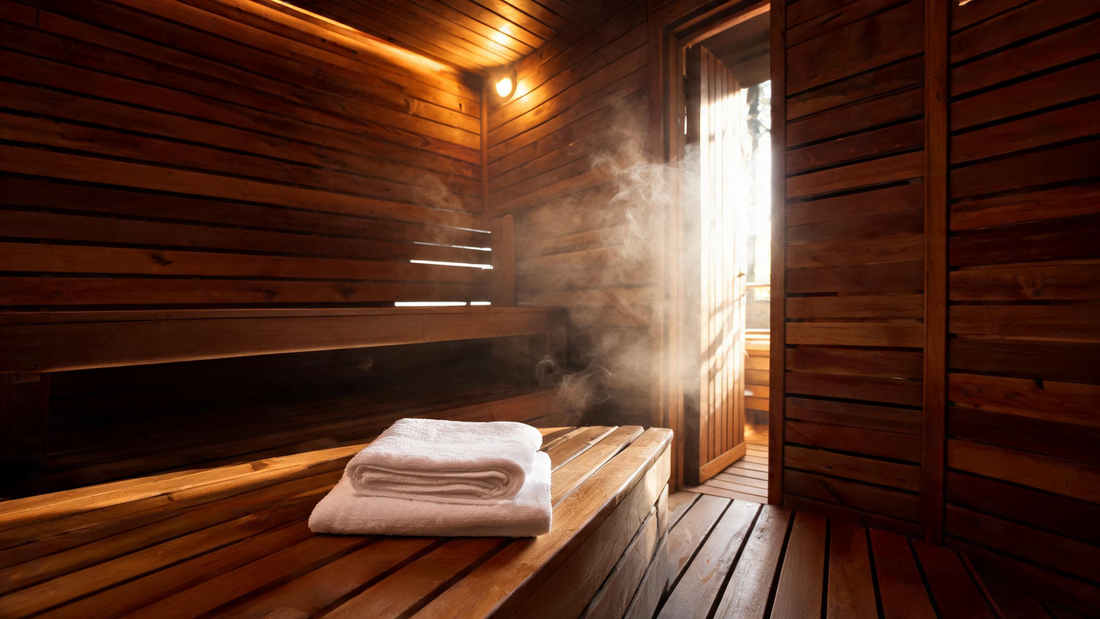 9) — warm-lit Canadian cedar sauna interior, a folded towel on the lower bench, soft steam, morning light through the door.…