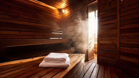 9) — warm-lit Canadian cedar sauna interior, a folded towel on the lower bench, soft steam, morning light through the door.…