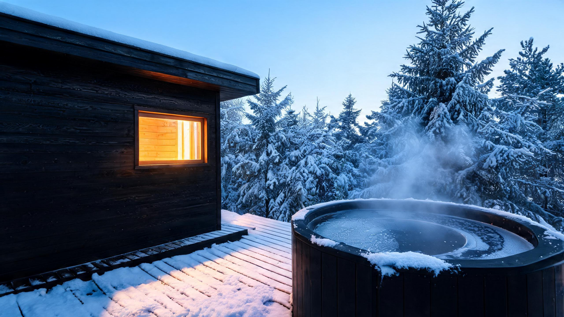9) — A steaming cedar sauna beside a dark, self-chilling cold plunge on a snowy Canadian deck at dawn, thin ice on the…