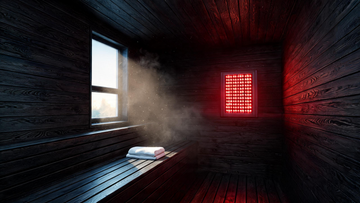 9): Warm cedar Calore sauna interior at dawn, red light therapy panel glowing on the back wall, soft morning daylight…