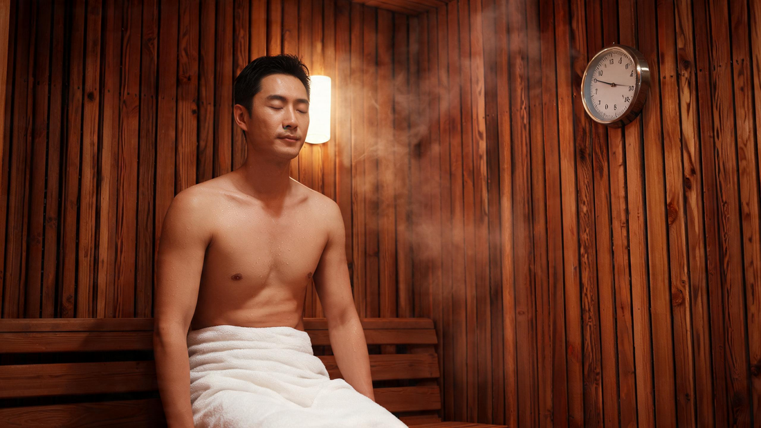 [IMAGE SLOT 1 — HERO 16:9 · beside the lead: calm Canadian man resting in a warm cedar sauna, thermometer visible reading a…
