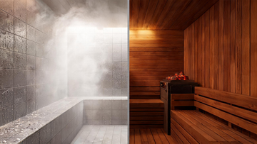 9) — side-by-side of a steam-filled wet sauna and a warm dry cedar sauna interior