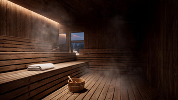 9) — A calm cedar-lined Calore sauna interior at dusk with warm interior glow, a folded towel on the bench and steam rising;…