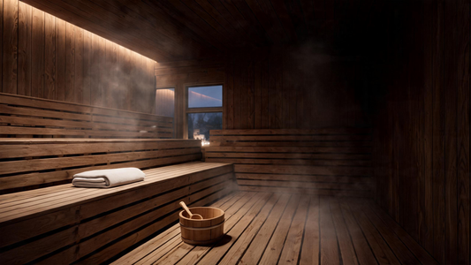 9) — A calm cedar-lined Calore sauna interior at dusk with warm interior glow, a folded towel on the bench and steam rising;…