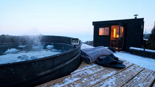 9) — A rugged black stock-tank ice bath on a snowy Canadian back deck, clear water with floating ice, a digital thermometer…