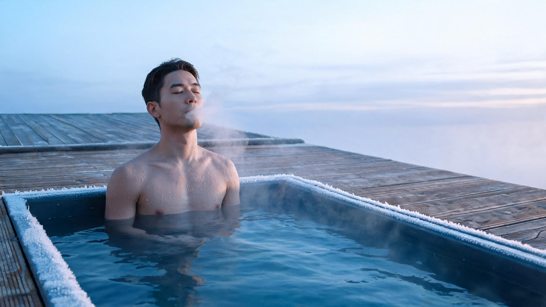 9) — Calm Canadian backyard cold plunge at first light; a person seated upright in clear cold water, focused and composed…