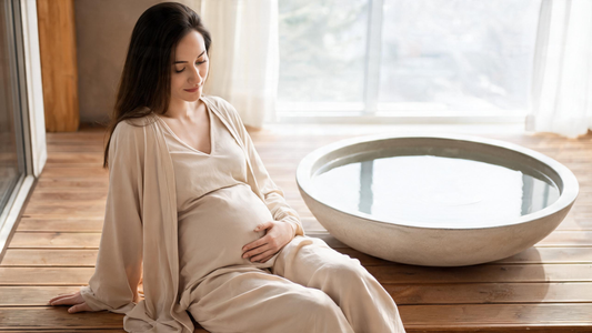 9) — A calm, reassuring prenatal wellness scene: a pregnant woman in soft Canadian morning light resting beside cool (not…